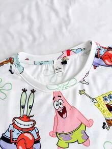 SpongeBob SquarePants | SHEIN Men's Cute Printed Crew Neck Short Sleeve Top And Casual Shorts Pajama Set, - White - View 3