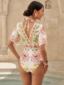 Swim Chiccia Áo tắm liền thân lưới thoáng khí họa tiết Boho Nam Mỹ dành cho nữ, có khả năng kiểm soát vùng bụng. - Màu be - Xem 2