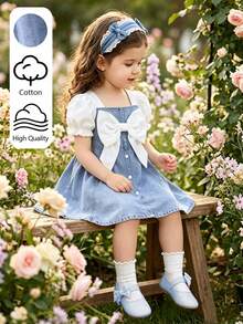SHEIN Playful Pals 女嬰泡泡袖牛仔洋裝，蝴蝶結裝飾，方領設計，搭配白色編織布短泡泡袖上衣，秋季服飾，節慶穿搭 - 藍色 - 查看 6