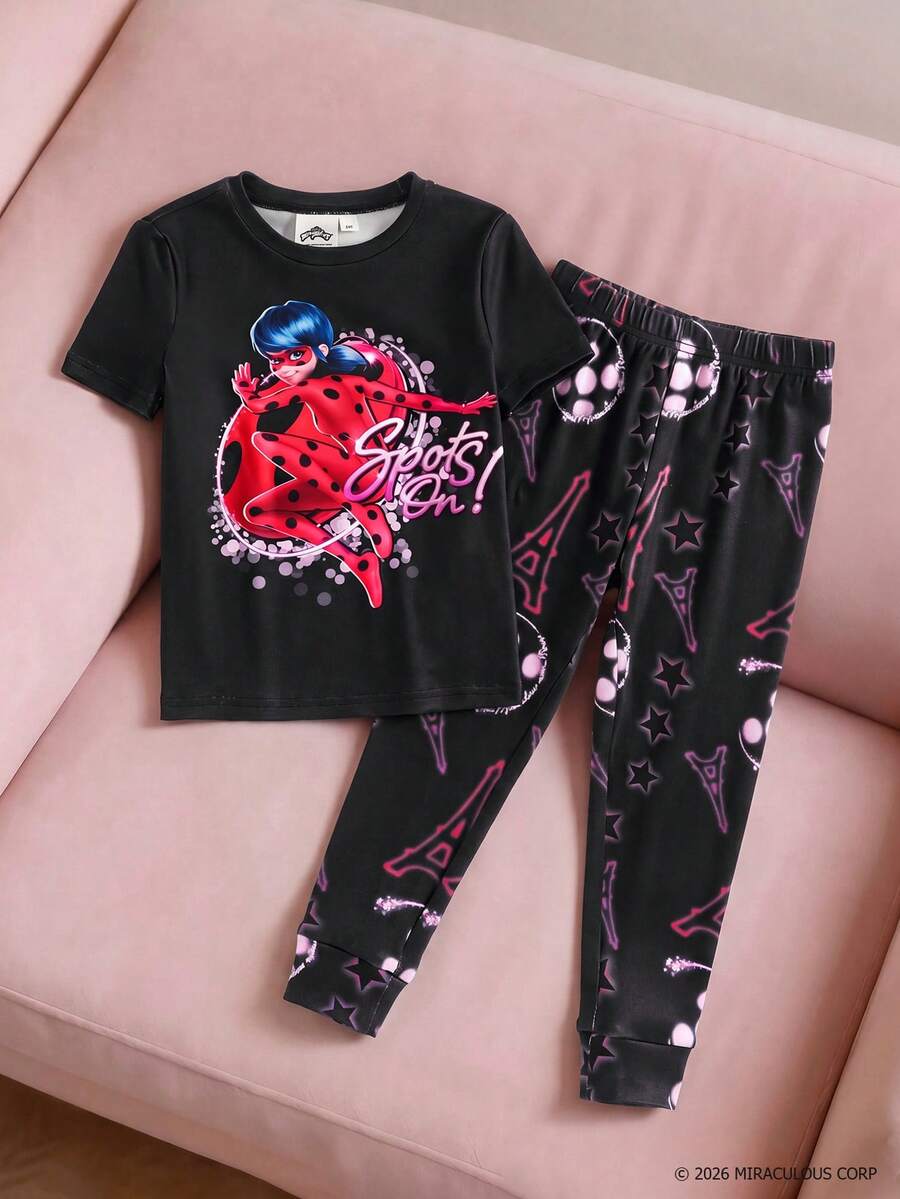 Miraculous Ladybug X SHEIN 女童(小号)极简印花圆领短袖上衣和裤子睡衣套装 - 黑色 - 查看 1