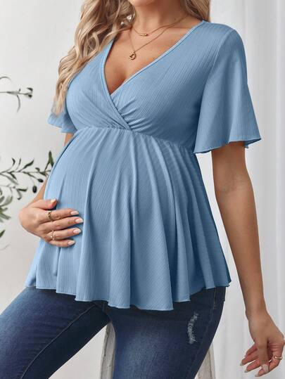 SHEIN Áo thun bầu tay ngắn cổ chữ V chéo màu trơn, kiểu dáng thường ngày.