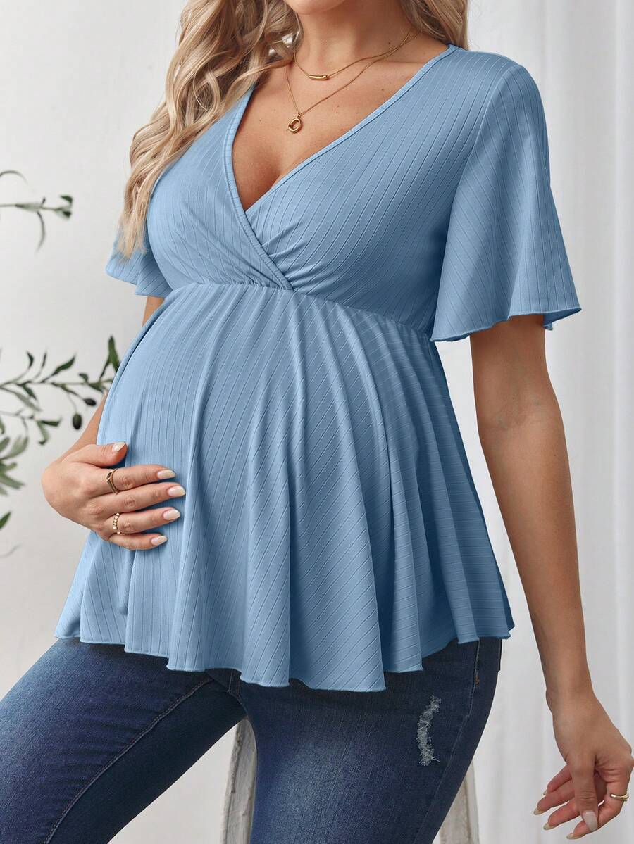 SHEIN Maternity Solid Color Criss-Cross V-Neck Short Sleeve Casual T-Shirt - Blue - View 1