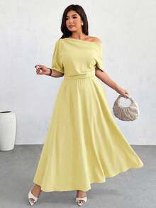 Firerie Plus Size Women's Summer Casual Everyday Commute Vacation Style Solid Color Asymmetric Neck Cinched Waist Dress - Light Yellow - View 4