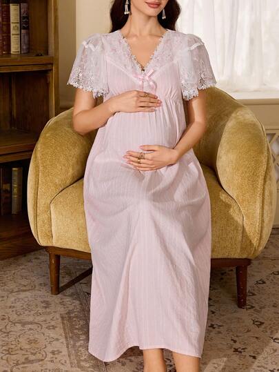 PalaceNights Vestido de maternidad estilo retro francés, vestido largo de embarazo holgado con volantes de encaje, vestido de casa de estilo suave