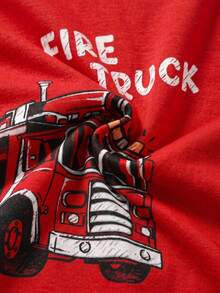 SHEIN 6pcs/Set Kids Boys Firefighter Truck Print Pajama Set,Includes 2 Sets Short Sleeve Tops & Pants,Summer,Family Matching Snug Fit Sleepwear Homewear - Red and White - View 5