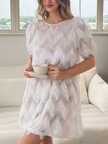 Livesso Vestido corto blanco con adorno de flecos en las mangas, vestido de pijama de verano para mujer - Blanco - View 6