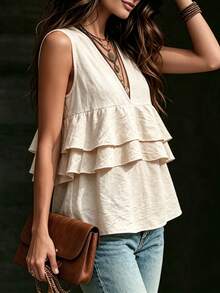SHEIN Fiorisel 新款夏季卡其色女士背心，优雅休闲无袖上衣，简约时尚套装，度假沙滩装 - 卡其色 - 查看 5