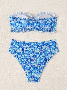 Swim Mod 女士夏季沙滩度假新款可爱无肩带碎花荷叶边比基尼套装，配精致珍珠吊坠和抽绳系带 - 彩色 - 查看 2