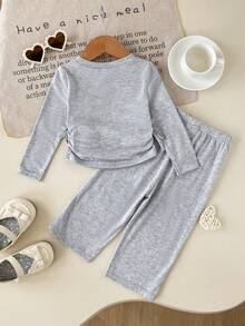 Cozy Pixies Set Pakaian Bayi Perempuan Kasual Lucu Rajut Abu-abu Motif Pita Atasan Lengan Panjang Berkerut Leher Bulat + Celana Flare - Grey - View 2