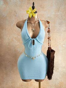Zolique Vestido corto elegante y sexy de unicolor con cuello halter y cintura anudada, estilo tropical para fiesta, vacaciones y playa, azul claro, verano para mujer - Azul - Ver 3