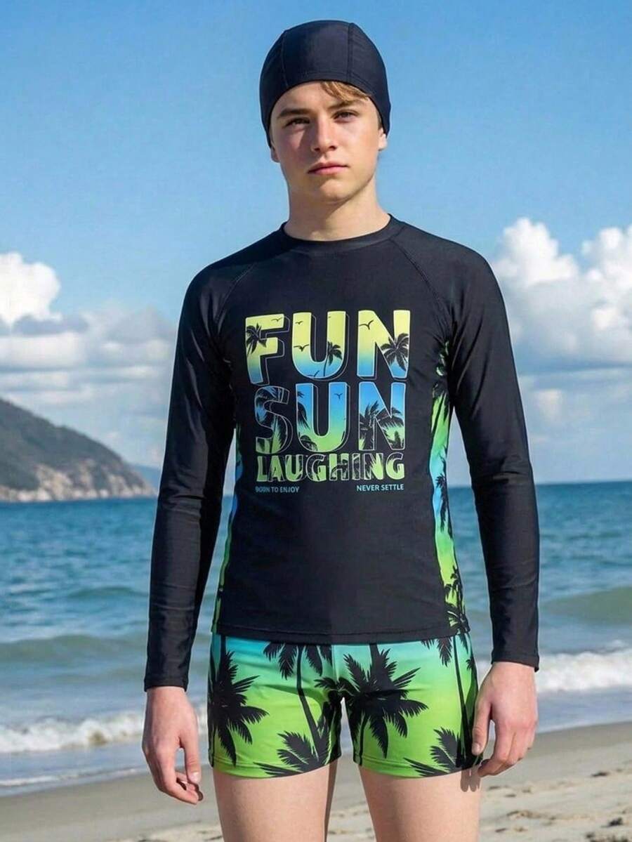SHEIN 2pcs/Set Teen Boy Casual Vacation Printed Long Sleeve Swimsuit And Swim Trunks - Multicolor - View 1