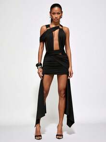 Normani Vestido sexy de mujer con corte y fruncido de unicolor - Negro - Ver 5