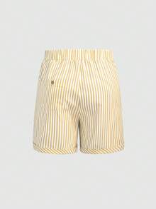 SHEIN LUNE CURVE Plus Size Washed Cotton Cinched Waist Backpocket Button Decor Short Casual Top - Yellow - View 2