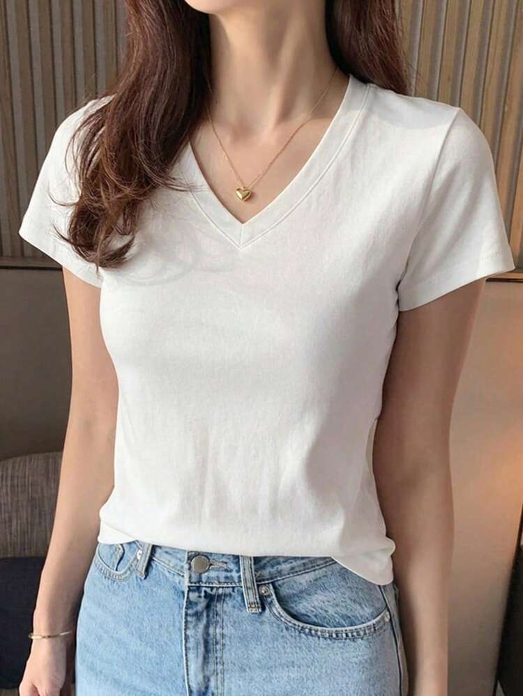 Women's Crew Neck Solid Color Basic White Short Sleeve T-Shirt, Spring/Summer