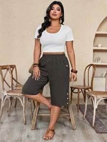 Weeklong Plus Size Women Elastic Waist Casual Shorts With Side Pockets And Rivet Decor - Dark Grey - View 3
