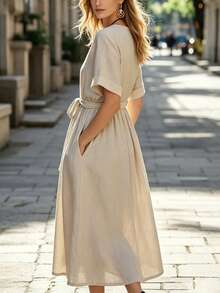 SHEIN Women's Casual Elegant Beige Deep V-Neck Tie Waist Loose Linen Dress, Suitable For Casual Party, Vacation And Daily Wear - Apricot - View 2