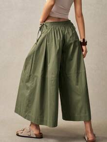 Bohemela Women's Solid Color Tie-Waist Loose Wide-Leg Pants, Vacation - Army Green - View 2