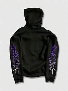 ROMWE MEN Goth 男士休闲日常深色图案印花拉链抽绳连帽卫衣 - 黑色 - 查看 4