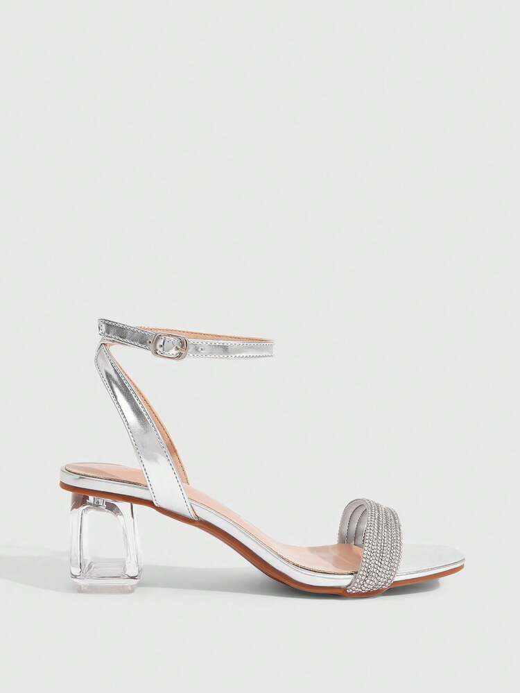 CUCCOO SZL Transparent Asymmetrical Thick Heel Women's Glass Rhinestone Sandals, Square Toe Glossy Lace-Up High Heel Sandals, Comfortable Heel Type Party & Daily Wear Women's Sandals