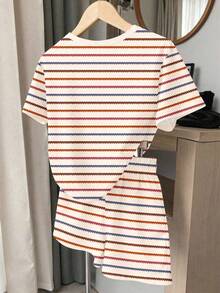 Dopamine Colorful Wide Stripe, Vintage Sweet Floral Embroidery Pattern Print, Young Girl Casual Minimalist Comfortable Soft Loose Round Neck Short Sleeve T-Shirt And Casual Shorts 2 Pieces Suitable For Spring/Summer Daily, Home, Outing, Holiday, Easter - Multicolor - View 1