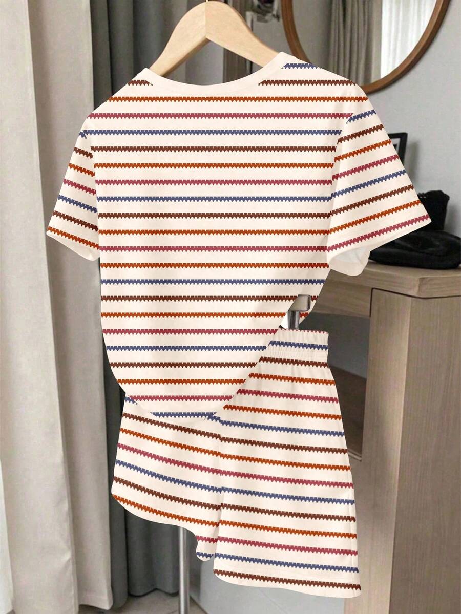 Dopamine Colorful Wide Stripe, Vintage Sweet Floral Embroidery Pattern Print, Young Girl Casual Minimalist Comfortable Soft Loose Round Neck Short Sleeve T-Shirt And Casual Shorts 2 Pieces Suitable For Spring/Summer Daily, Home, Outing, Holiday, Easter - Multicolor - View 1