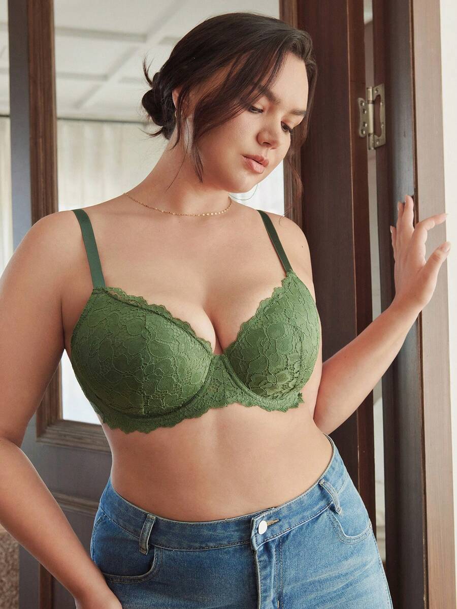 Slumbrini MIMILEMON Green Plus Size Women's Lace Underwire Seamless Lingerie Bra With Full Coverage, Wire-Free Support, Breathable, Daily Wear Seamless Lingerie Bra, Lift - Green - View 1