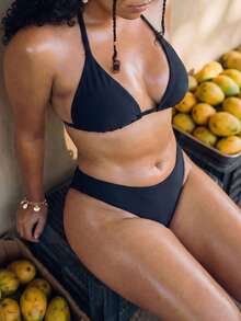 Swim Vcay Plus Size Women's Summer White Bikini Set, Kawaii Classic Halter Neck Triangle Cup Tie-Up Swimwear, Holiday Beach Pool Party Double Fabric - Black - View 3