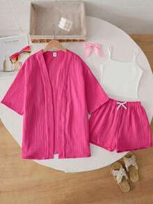 SHEIN Tween Girls' Summer Casual Vacation Textured Linen Shirt Set - Hot Pink - View 5