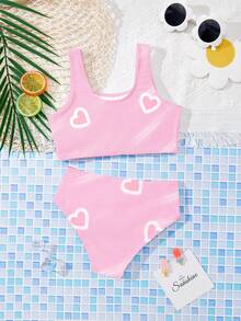 Bộ đồ bơi tankini kiểu dáng đơn giản, dễ thương dành cho bé gái, họa tiết hoạt hình K-POP hình trái tim, thích hợp cho mùa hè. - Nhiều màu - Xem 2