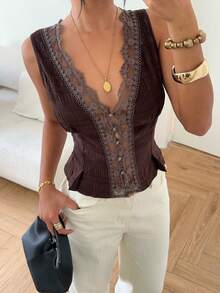Aloruh Women's Lace Patchwork Pleated Casual Versatile Daily Wear Blouse - Brown - View 4