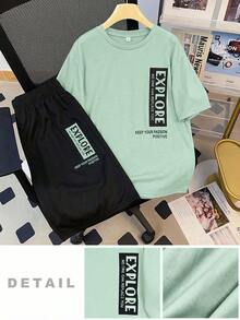 SHEIN 青少年男孩字母印花圆领短袖T恤和短裤休闲日常穿搭 - 薄荷綠 - 查看 8