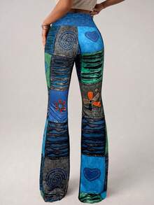 SHEIN ICON Pantalones acampanados de mujer con estampado vintage y bloques de color de ultra baja cintura - Azul - Ver 2
