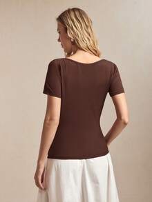 BizChic Women's Dark Brown Summer Elegant Office T-Shirt,Asymmetrical Shoulder Design Ruched Short Sleeve Tee,Versatile For Casual,Commute,Party,Beach,Wedding - Brown - View 4