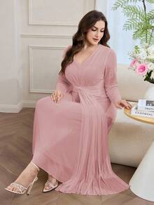 Seusyu Elegant Fitted Knit Textured Mesh Patchwork Waist-Cinched A-Line Long Sleeve Plus Size Women Dress, Spring/Summer Fall - Pink - View 3