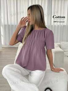 Easowa Women's Solid Color Round Neck Short Sleeve Pleated Casual Shirt,Summer Top - Purple - View 3