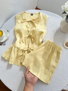Flirla Bộ đồ 2 món phong cách Y2K thường ngày, đi nghỉ mát, chất liệu vải có họa tiết, thắt nơ ở eo. - Màu vàng - Xem 4