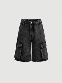 SHEIN 青少年男孩时尚休闲Y2K浅蓝色牛仔工装口袋宽松牛仔短裤，适合青少年男孩日常穿着，柔软舒适，是青少年男孩春夏返校季的理想选择。 - 黑色 - 查看 6