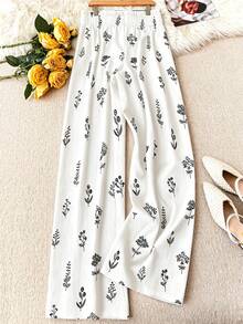 EMERY ROSE Plus Size Elastic Waist Drawstring Casual Straight Loose Versatile Floral Print Pants - White - View 2