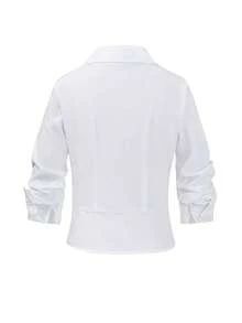 SHEIN Elenzya Áo sơ mi trắng nữ thiết kế 2 trong 1 mới cho mùa hè, thêu kỳ lân, dáng croptop eo, cổ chữ V, kiểu công sở. Đa năng và thanh lịch cho văn phòng, họp kinh doanh, hẹn hò, đi chơi với bạn bè - trắng - Xem 2