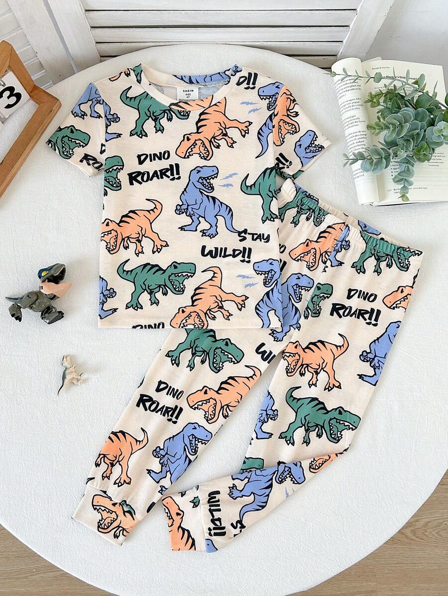 SHEIN (Random 4 Set Send 1 Set)Snug Fit Cute Cartoon Dinosaur Pattern Two-Piece Bodycon Pajama Set For Boys, With Tapered Cuffs On The Pants. - Multicolor - View 1