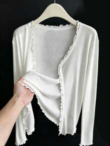 K-Vae Women's Spring/Summer Casual Everyday Commute Solid Color Lettuce Trim Single-Breasted Lightweight Cardigan - White - View 1