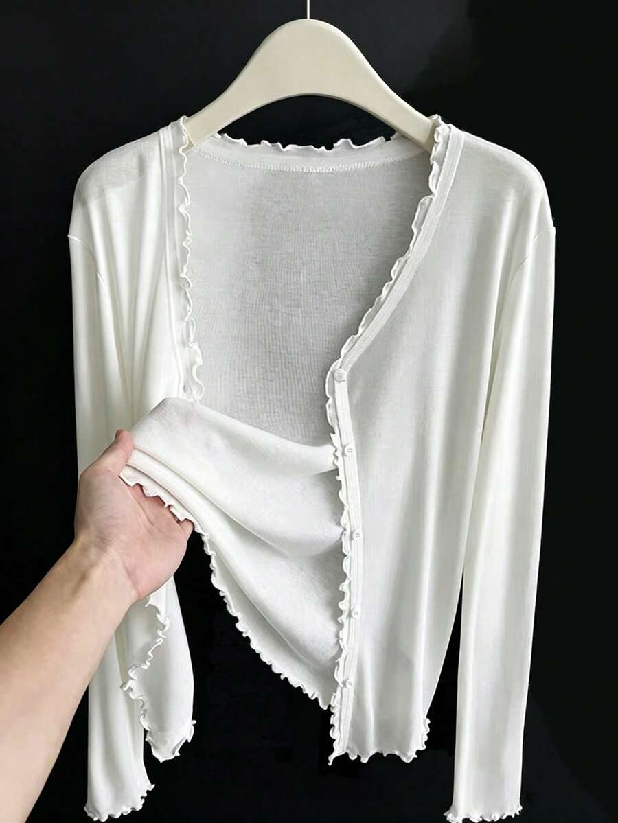 K-Vae Women's Spring/Summer Casual Everyday Commute Solid Color Lettuce Trim Single-Breasted Lightweight Cardigan - White - View 1
