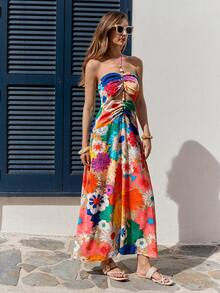 Vivid Eden Vestido de gasa con estampado para primavera y verano con cuello de halter para mujeres - Multicolor - Ver 3