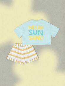 SUMWON Hello Sunshine Graphic Crop Top And Striped Ruffle Shorts Co-Ord Set For Summer Casual Wear - Green - View 1