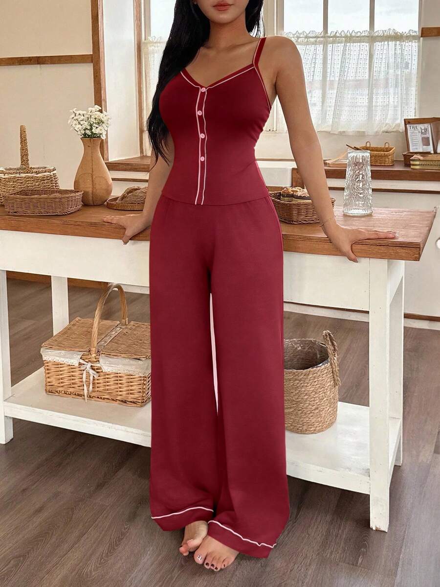 SHEIN Contrast Trim Camisole & Straight Leg Pants Women Pajama Set - Burgundy - View 1