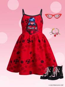 Miraculous Ladybug X SHEIN Đầm hai dây in hình nhân vật hoạt hình dành cho bé gái - Đỏ - Xem 1