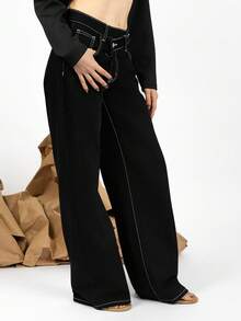 PRISCILA ESCOTO PRISCILA ESCOTO Women's Fashion Casual Asymmetrical Waistband Loose Fit Jeans Black - Black - View 5
