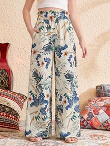 SHEIN Quần ống rộng cạp cao in họa tiết lá cây, dáng rộng thoải mái, viền bèo nhún, dành cho bé gái tuổi teen. - Nhiều màu - Xem 6