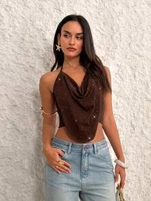 Firerie Top halter con frente drapeado y espalda descubierta para fiesta - Marrón - Ver 8
