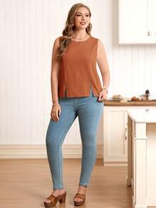 Rosumi Plus Size Women's Casual  Round Neck Sleeveless Short Shirt Blouse, Comfortable Button Front Split Design, Summer Vacation,Orange - Rust Brown - View 4